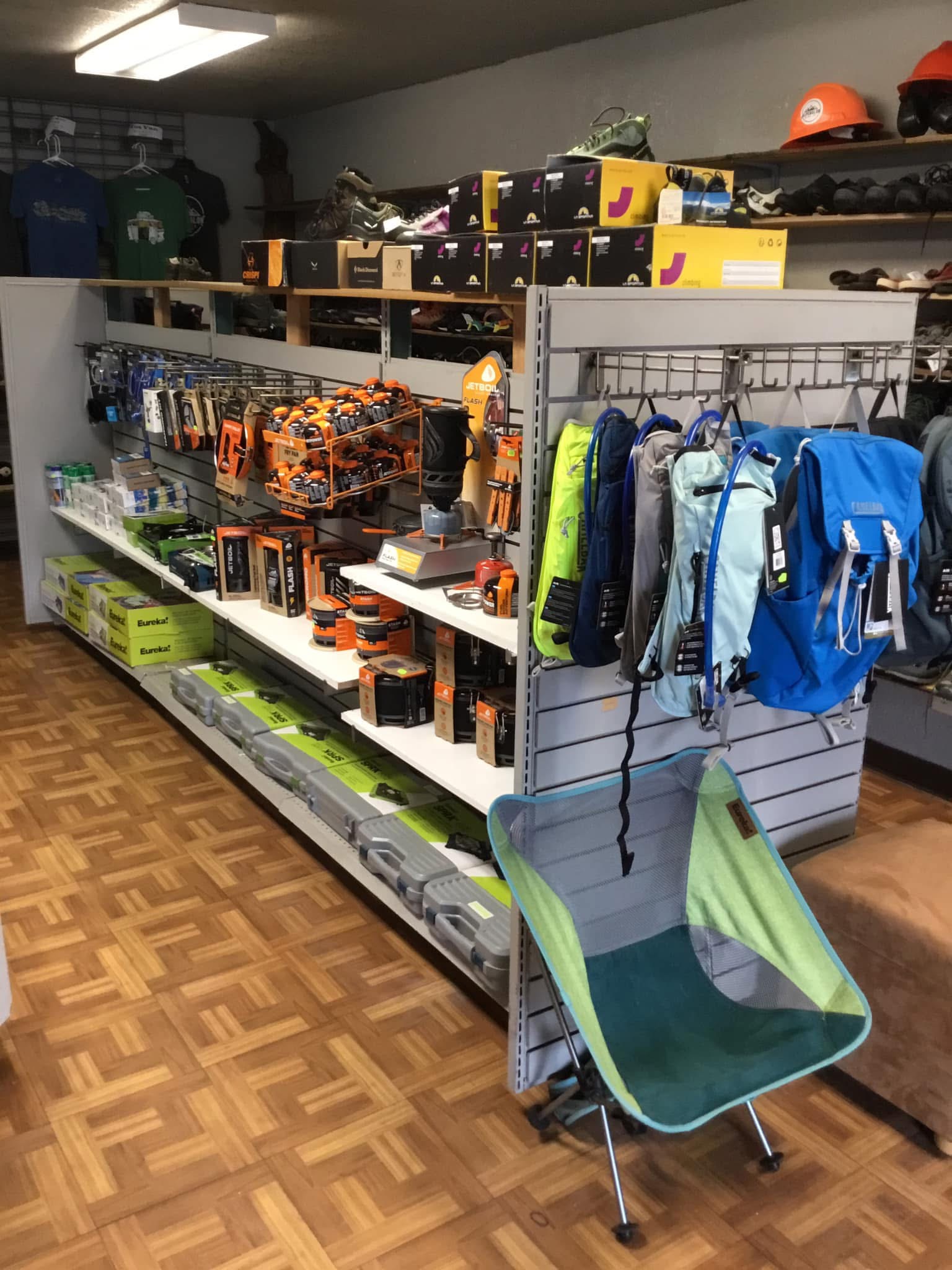 Snowboards displayed inside the shop